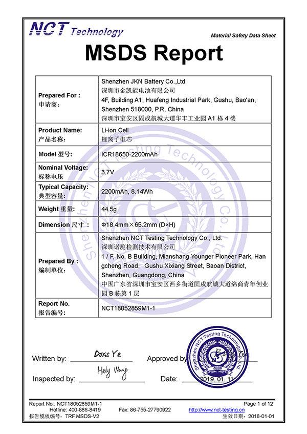 2200mAh MSDS